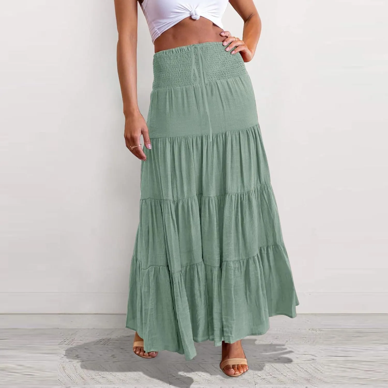 Boho Maxi Skirts for Women 2025 Summer Elastic Waisted Solid Color Flowy Swing A-Line Pleated Long Skirt