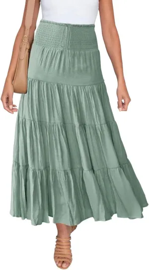 Boho Maxi Skirts for Women 2025 Summer Elastic Waisted Solid Color Flowy Swing A-Line Pleated Long Skirt