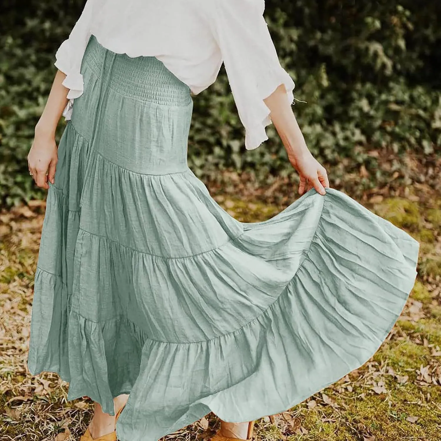 Boho Maxi Skirts for Women 2025 Summer Elastic Waisted Solid Color Flowy Swing A-Line Pleated Long Skirt