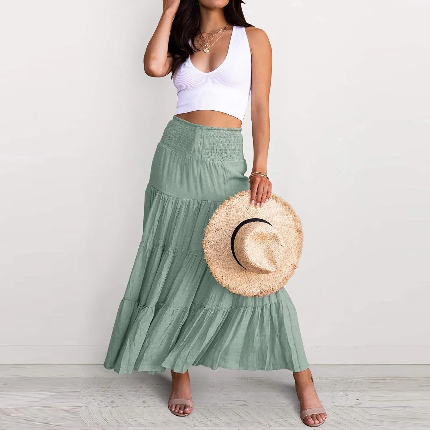 Boho Maxi Skirts for Women 2025 Summer Elastic Waisted Solid Color Flowy Swing A-Line Pleated Long Skirt