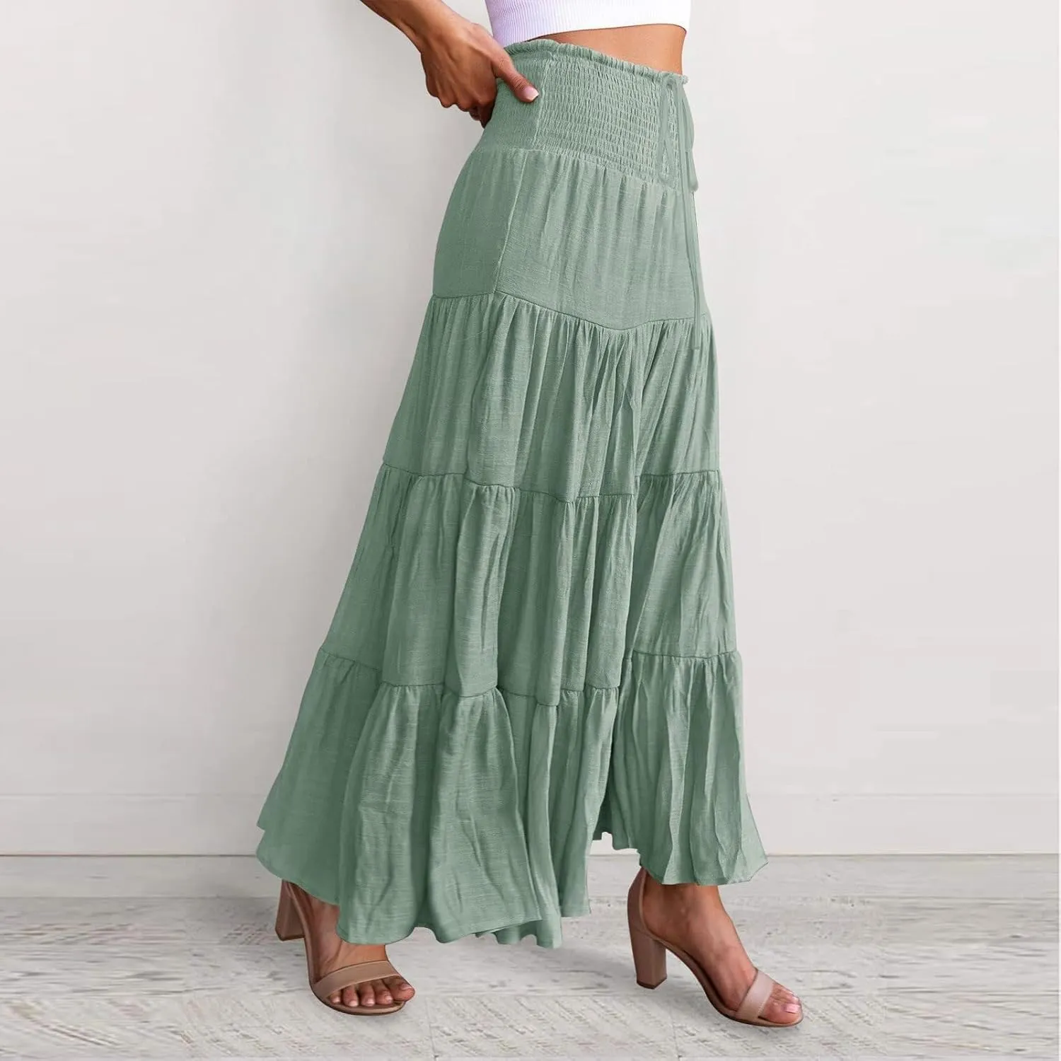Boho Maxi Skirts for Women 2025 Summer Elastic Waisted Solid Color Flowy Swing A-Line Pleated Long Skirt