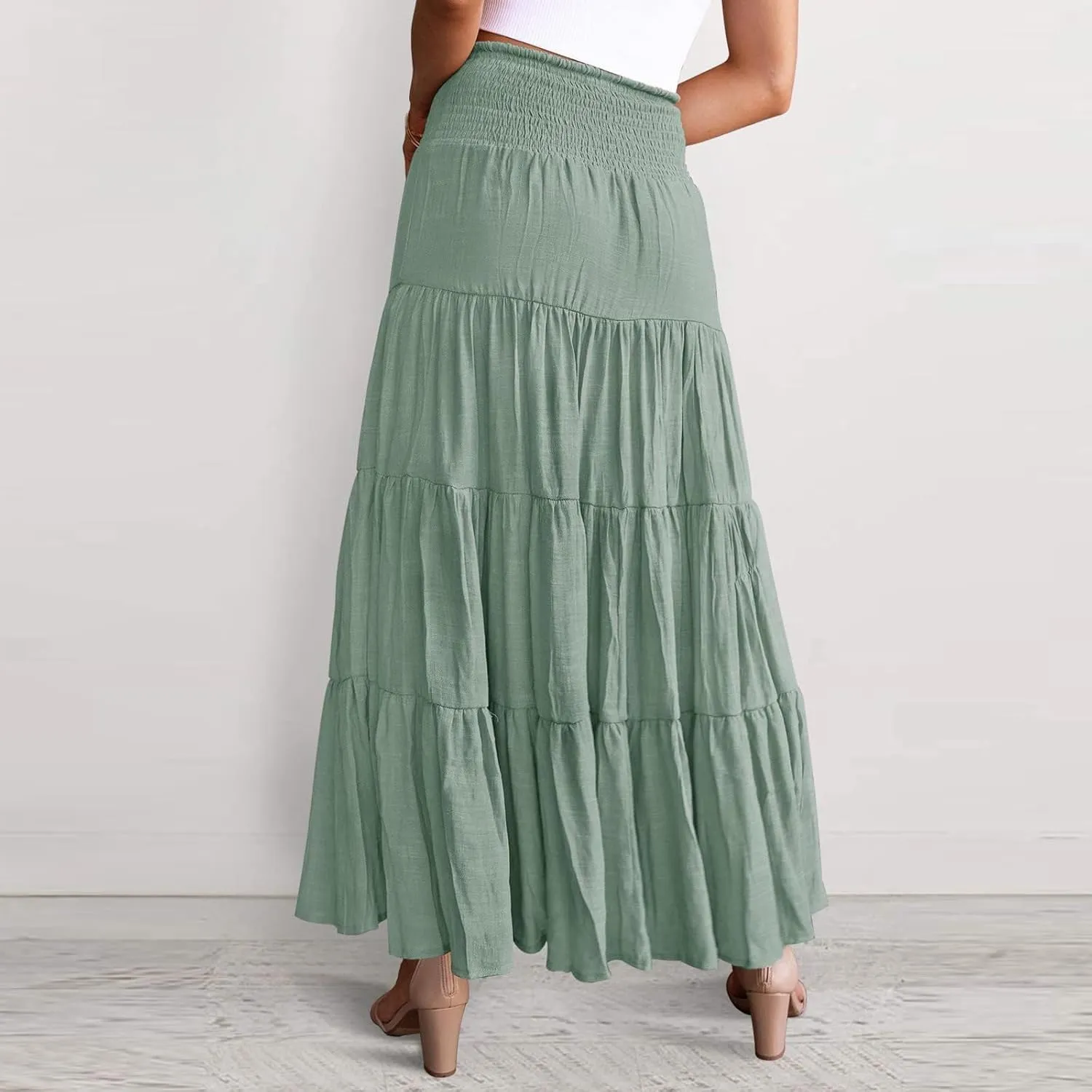 Boho Maxi Skirts for Women 2025 Summer Elastic Waisted Solid Color Flowy Swing A-Line Pleated Long Skirt