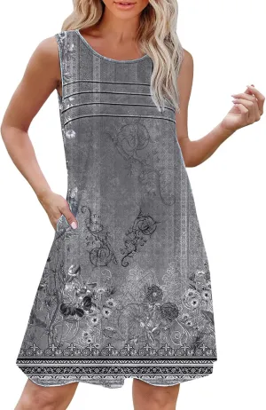 Boho Summer Dresses for Women Womens with Pockets Summer Casual Tank Dress Sleeveless Midi Beach Dress Linen Dress