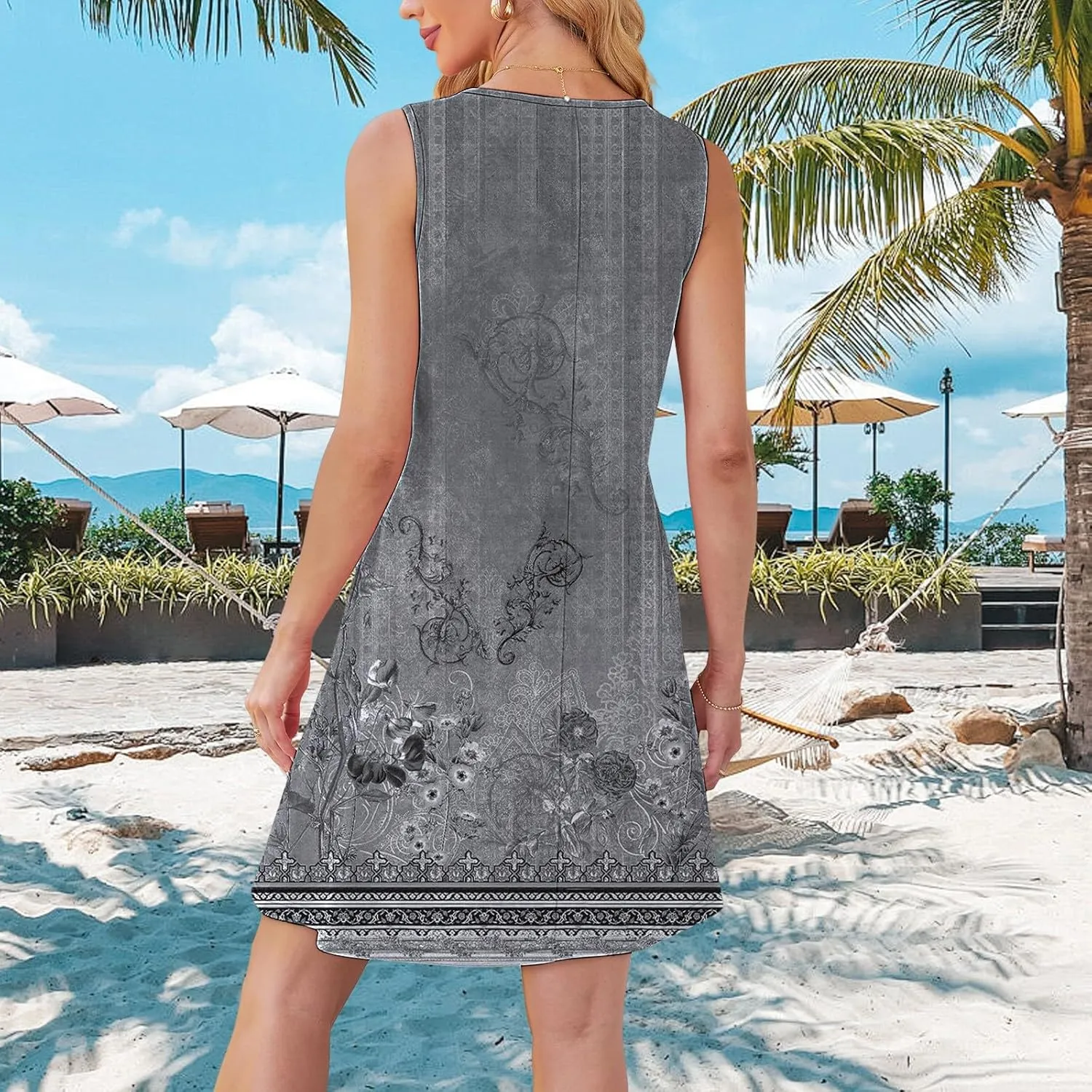 Boho Summer Dresses for Women Womens with Pockets Summer Casual Tank Dress Sleeveless Midi Beach Dress Linen Dress