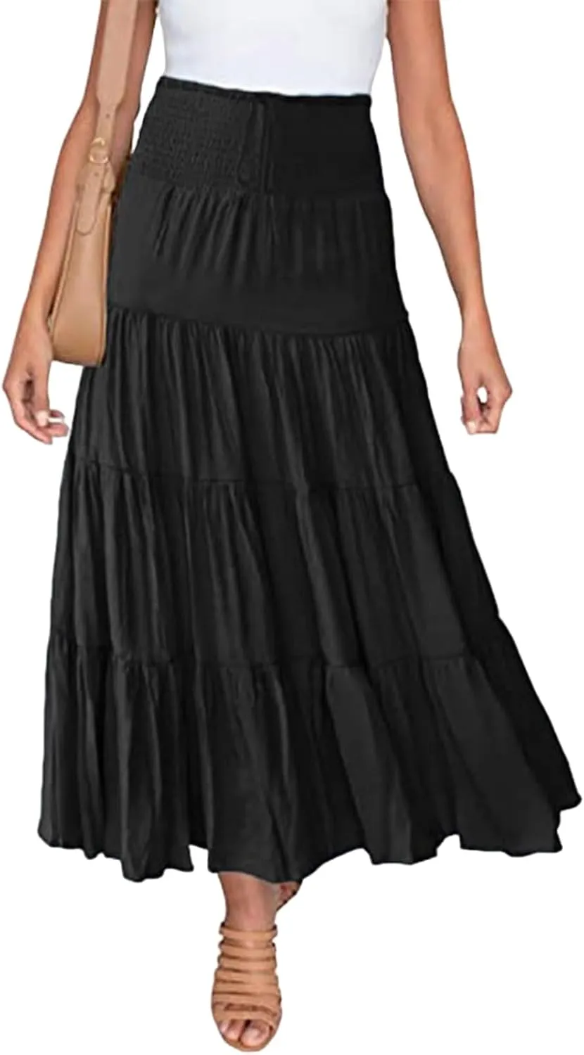 Canbebig Women's Elastic High Waist A Line Long Skirt Layer Ruffle Swing Casual Maxi Skirt Boho Drawstring Summer Basic Skirt