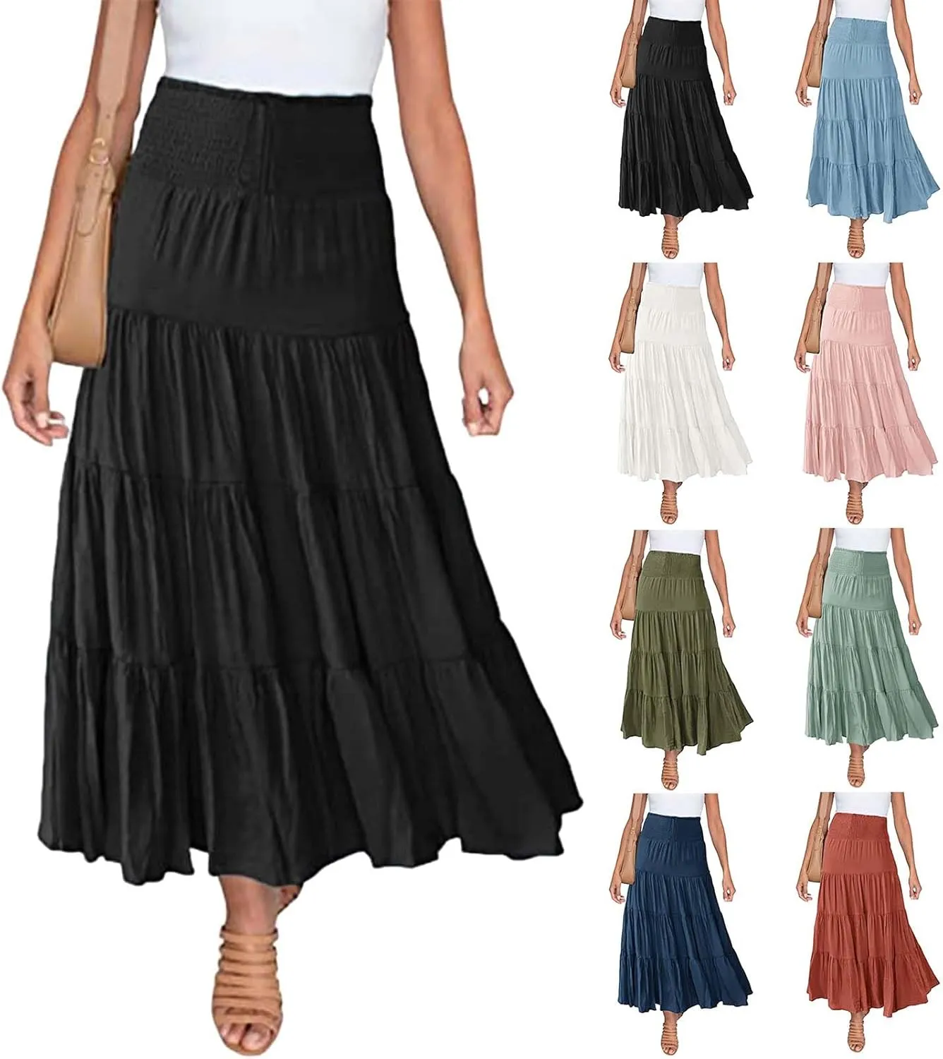 Canbebig Women's Elastic High Waist A Line Long Skirt Layer Ruffle Swing Casual Maxi Skirt Boho Drawstring Summer Basic Skirt