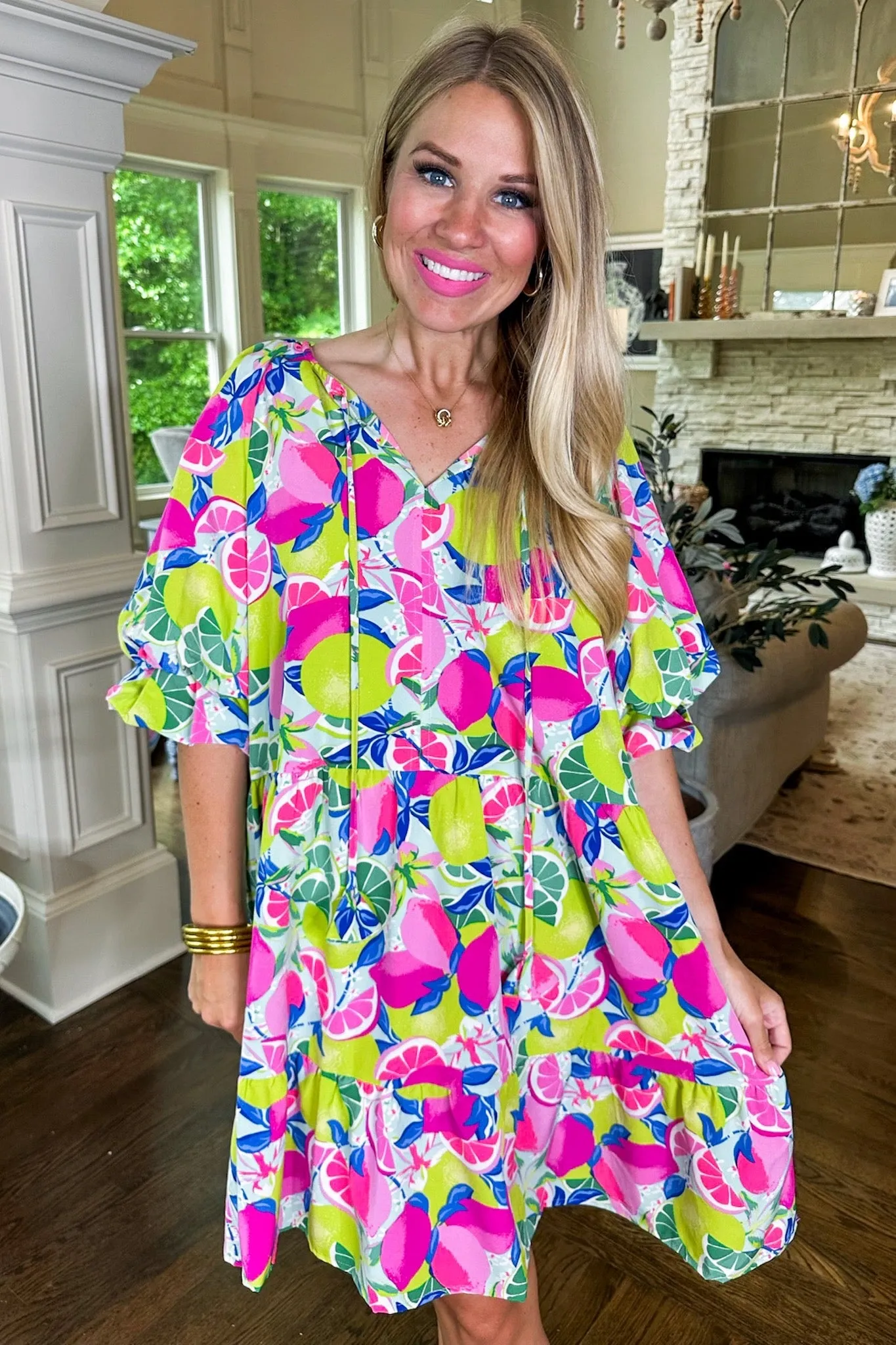 Fruity Floral Pink Mix Poet Sleeve Dress