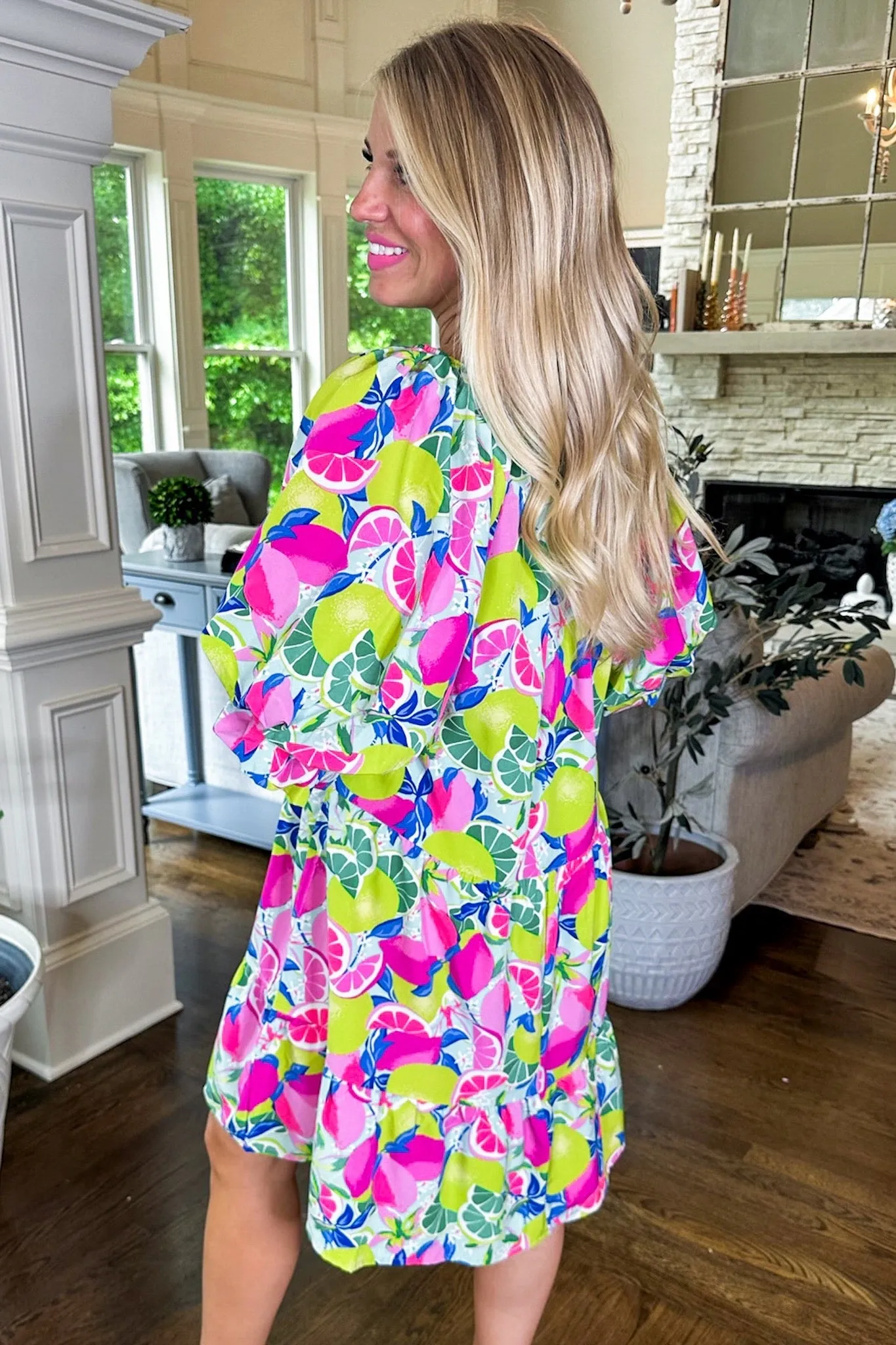 Fruity Floral Pink Mix Poet Sleeve Dress