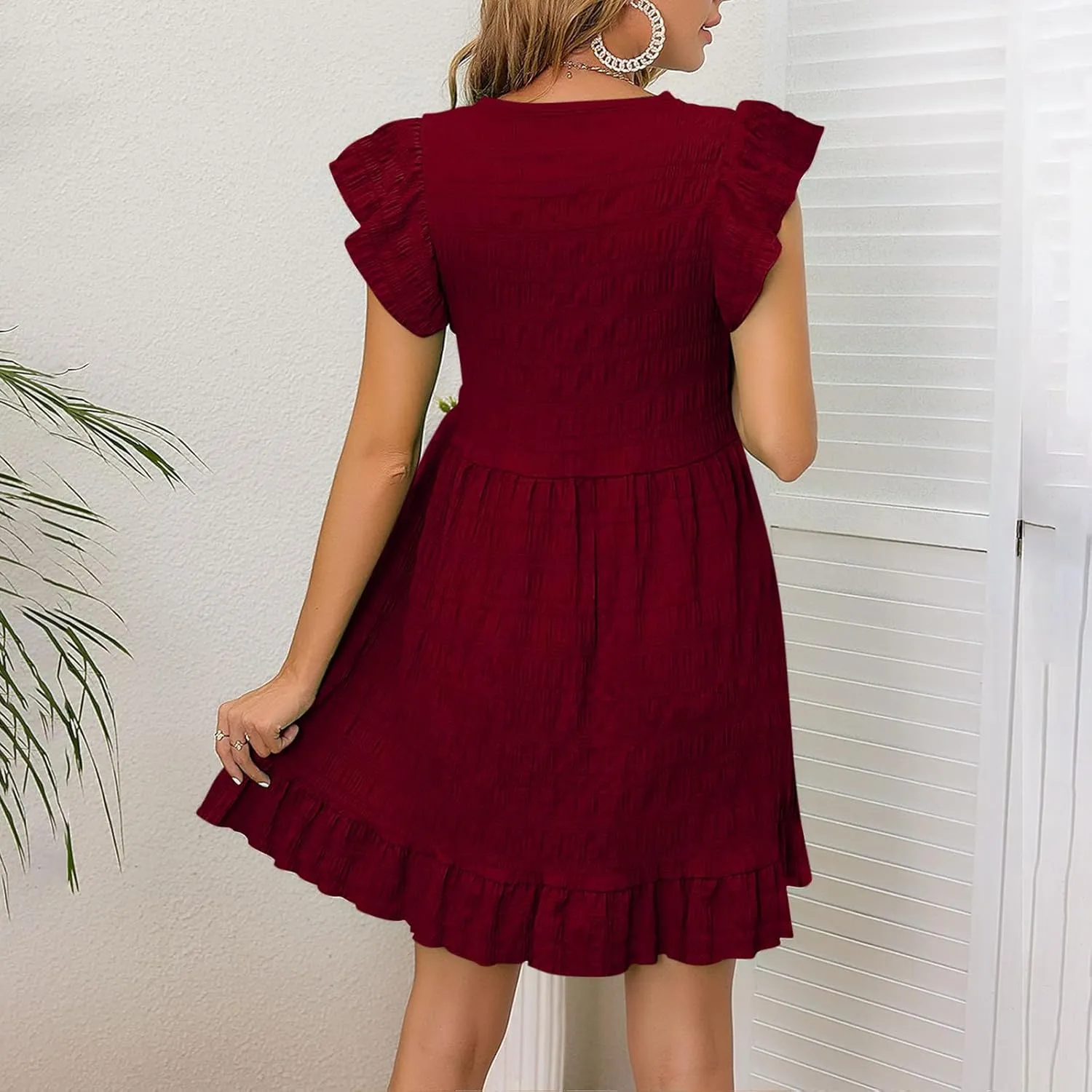 Mini Dress for Women Summer Casual Ruffle Cap Sleeve V-Neck Loose Flowy Dress Sweet Cute Beach Vacation Dress