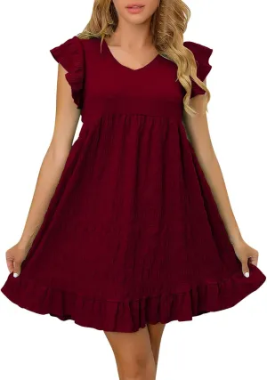 Mini Dress for Women Summer Casual Ruffle Cap Sleeve V-Neck Loose Flowy Dress Sweet Cute Beach Vacation Dress
