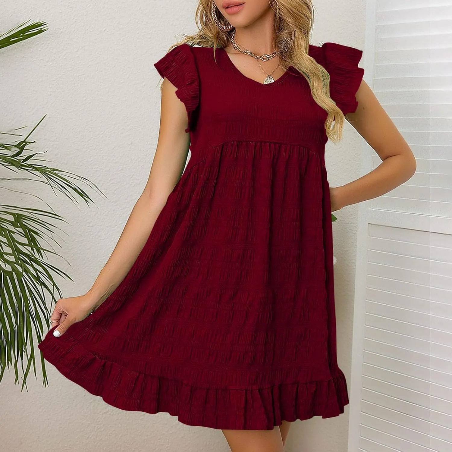 Mini Dress for Women Summer Casual Ruffle Cap Sleeve V-Neck Loose Flowy Dress Sweet Cute Beach Vacation Dress