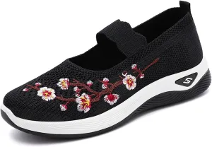 Orthopedic Shoes for Women Fashion Floral Embroidery Walking Shoes Arch Support Mesh Breathable Arch Support Slip-On Light Air Cushion Orthopedic Sneakers Diabetic Shoe