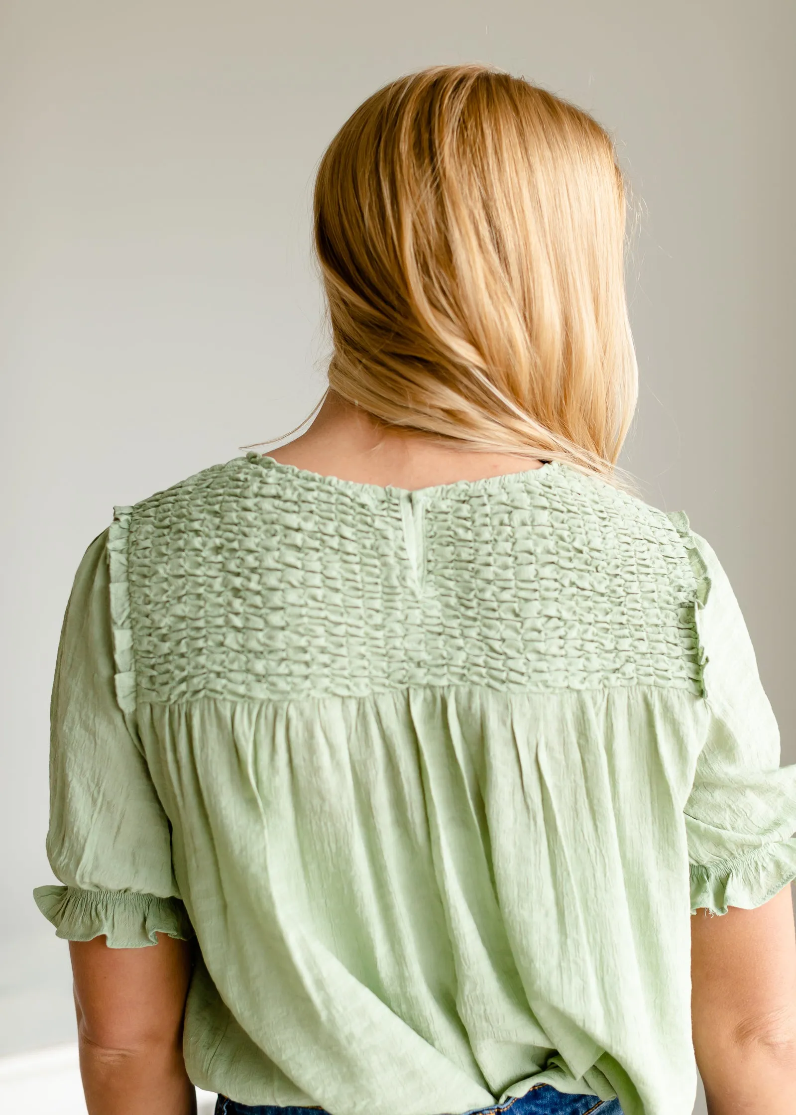 Sage Smocked Balloon Sleeve Top - FINAL SALE