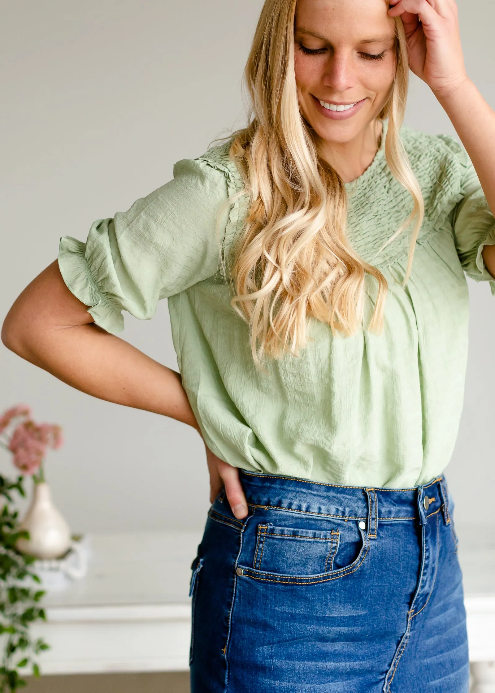 Sage Smocked Balloon Sleeve Top - FINAL SALE
