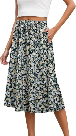 Summer Midi Skirt for Women Elastic Waist Flowy Floral Long Skirts Boho Vacation Beach A-Line Skirts 2025 Fashion