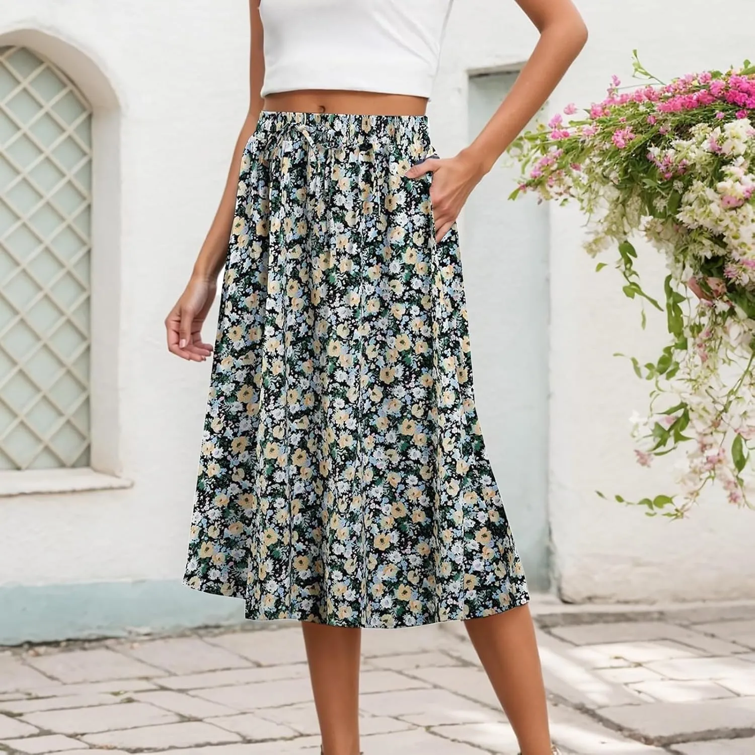 Summer Midi Skirt for Women Elastic Waist Flowy Floral Long Skirts Boho Vacation Beach A-Line Skirts 2025 Fashion