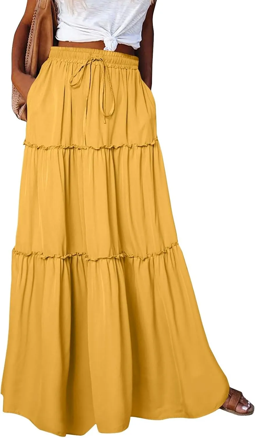 Summer Skirts for Women 2025 Vacation Pleated Long Skirt Maxi Length Tiered Swing Flowy Boho Beach Outfits w/Pockets