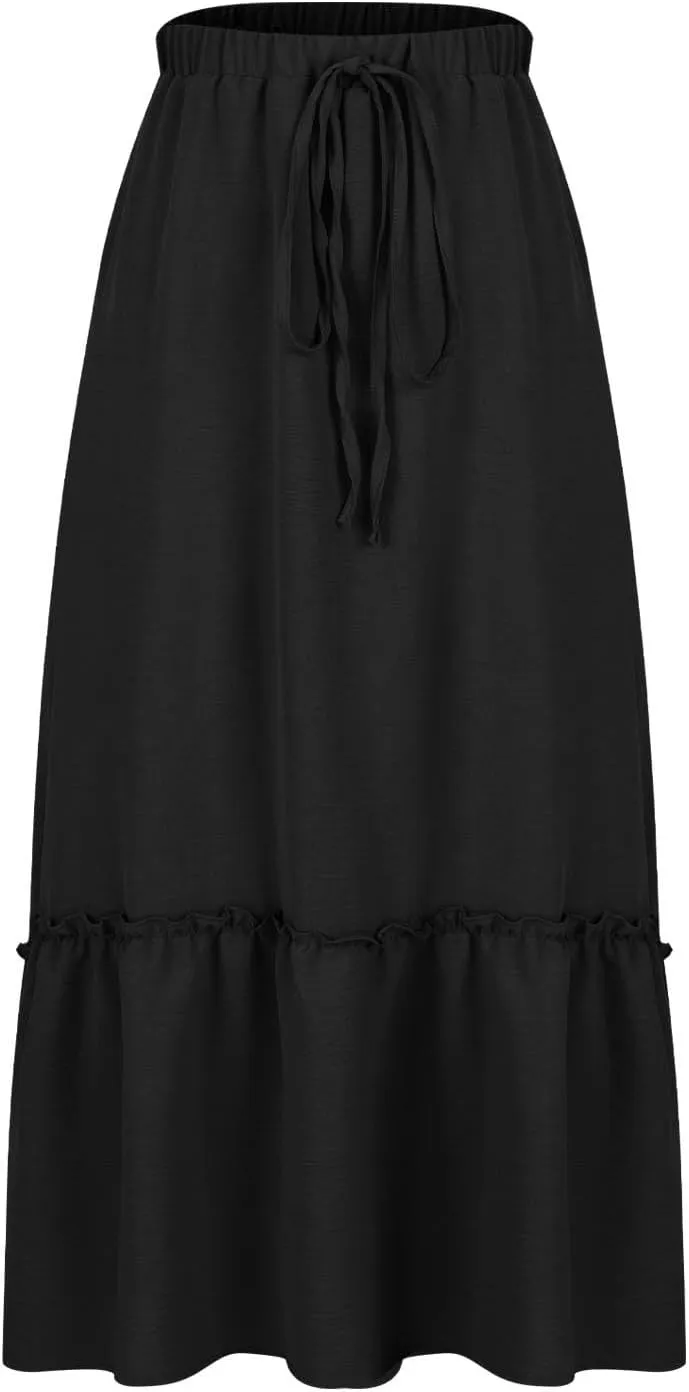 Women Ruched Ruffle Skirts Midi Length Summer Beach Half Dress Casual Vacation Skirt Trendy Cruise Clothes
