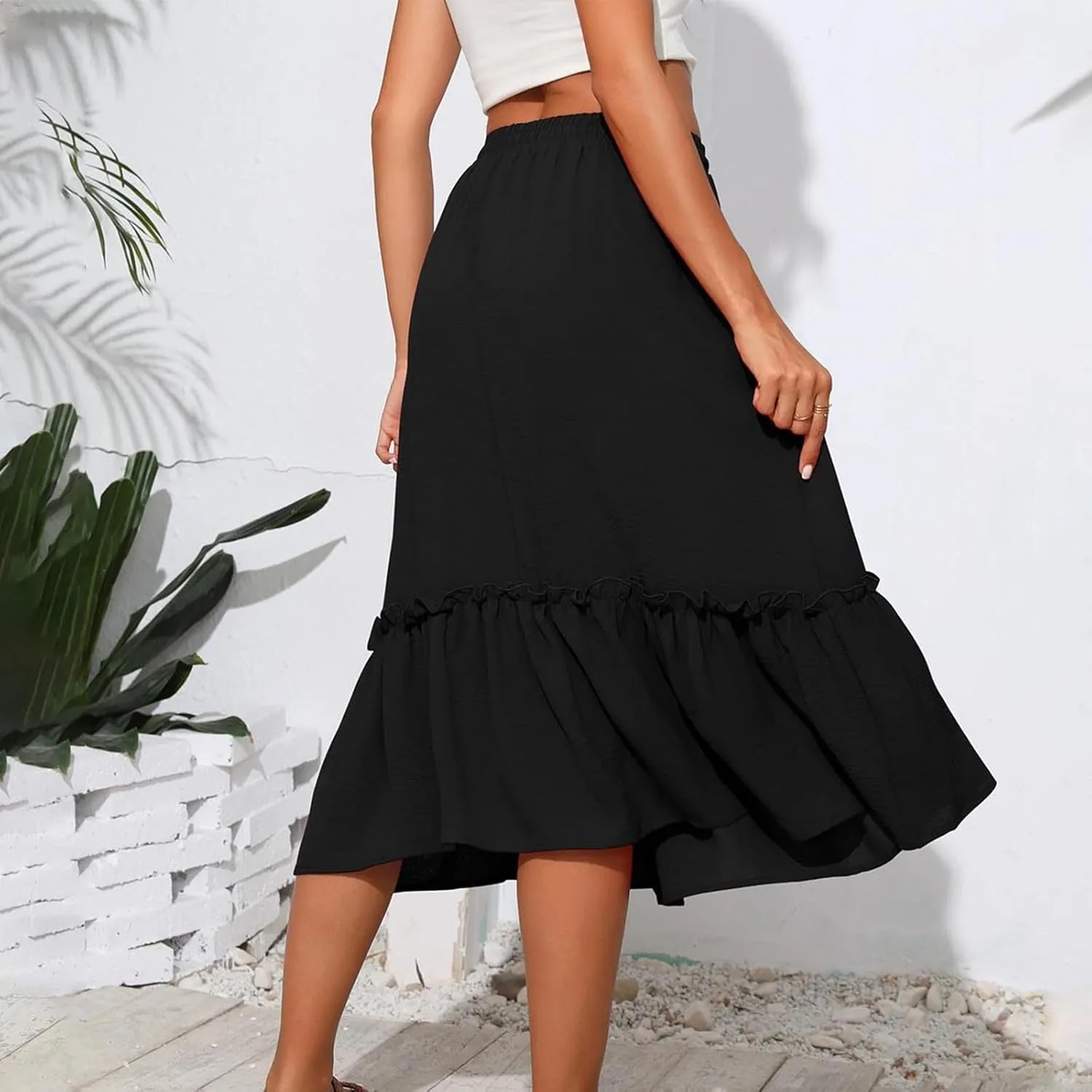 Women Ruched Ruffle Skirts Midi Length Summer Beach Half Dress Casual Vacation Skirt Trendy Cruise Clothes