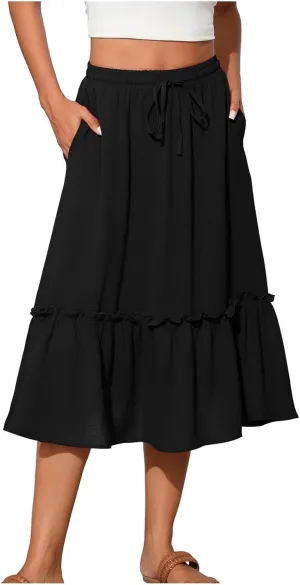 Women Ruched Ruffle Skirts Midi Length Summer Beach Half Dress Casual Vacation Skirt Trendy Cruise Clothes