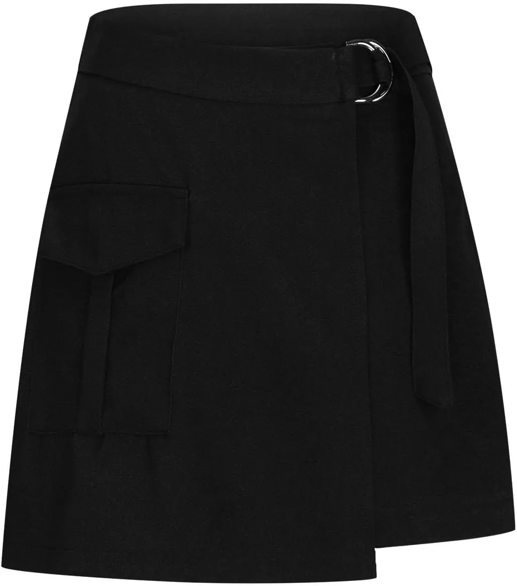 Womens Belted Skirt High Waist A Line Mini Skirt Spring Fashion Solid Mini A-Line Short Work Skirt with Pocket