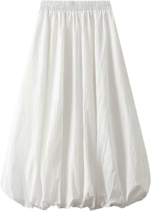 Womens Casual Boho Skirts Solid Lantern Skirt Trendy Pleated Elastic Waist Flower Bud A-line Skirt Beach Half Dress