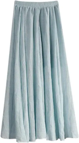 Women's Cotton Linen Skirts Summer Lightweight Breathable Elastic High Waist Cool Comfy A-Line Midi Skirts
