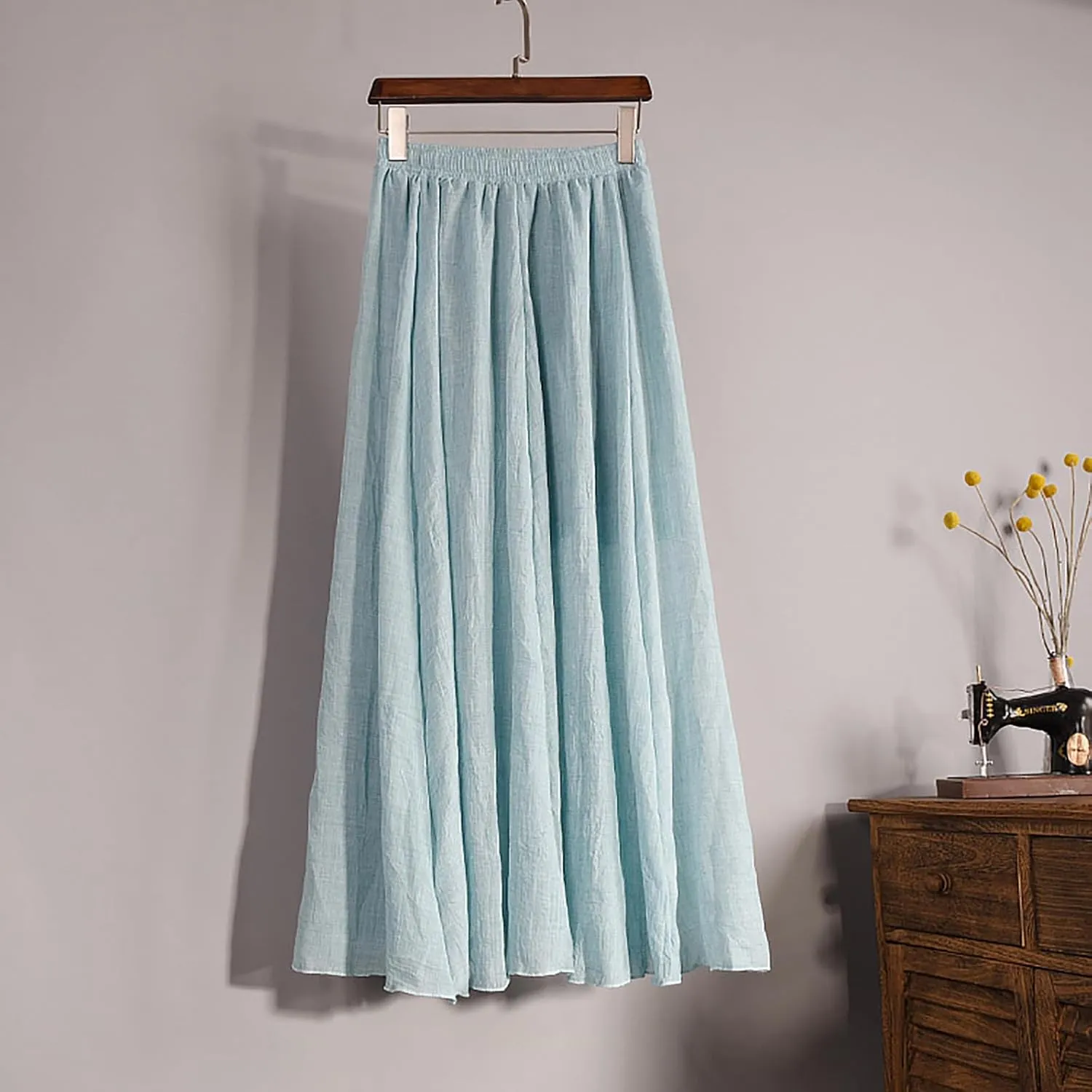 Women's Cotton Linen Skirts Summer Lightweight Breathable Elastic High Waist Cool Comfy A-Line Midi Skirts