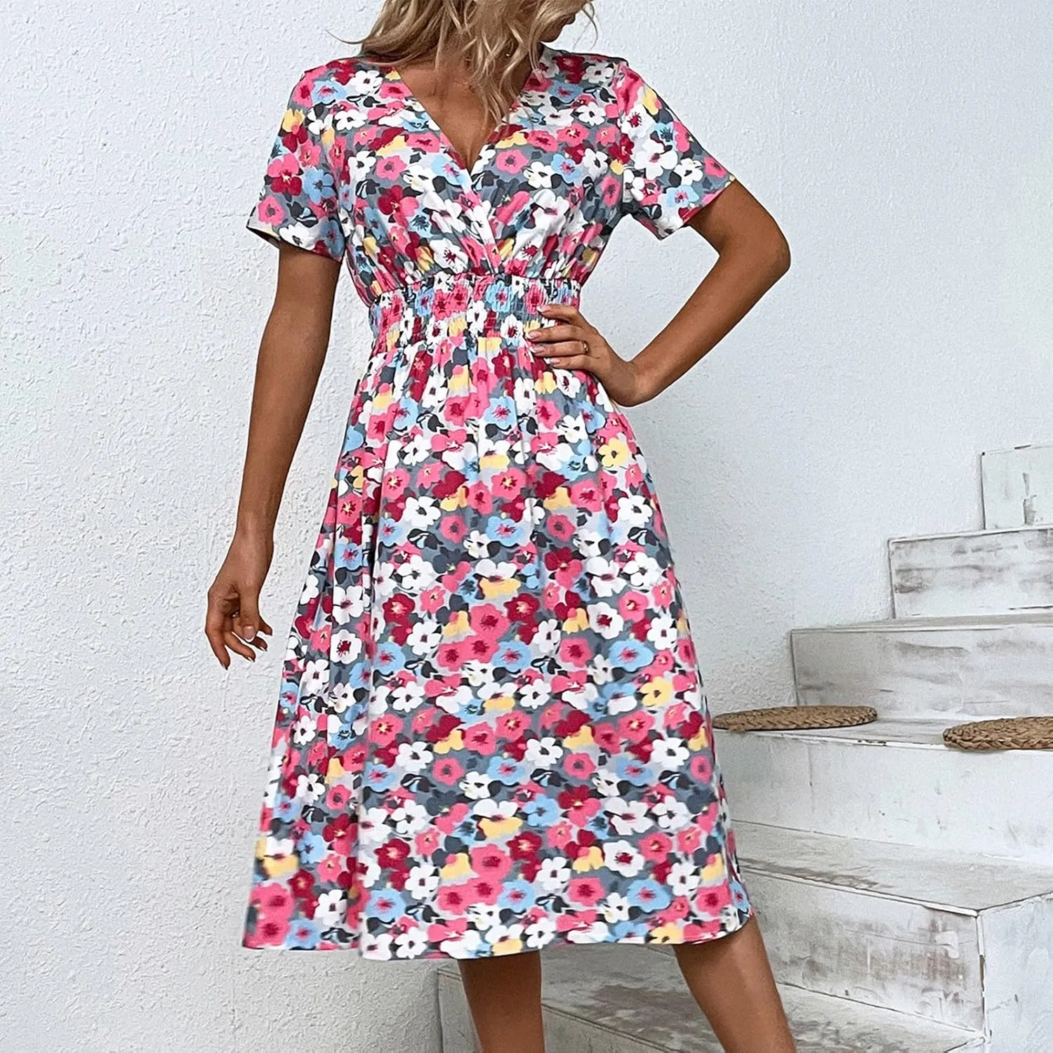 Womens Dresses 2025 Boho Floral V Neck Short Sleeve Smocked Elastic Waist Casual A-Line Swing Mini Dress Sundress