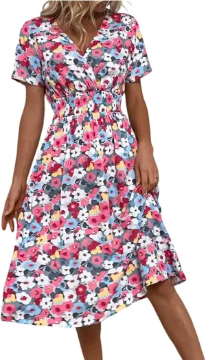 Womens Dresses 2025 Boho Floral V Neck Short Sleeve Smocked Elastic Waist Casual A-Line Swing Mini Dress Sundress