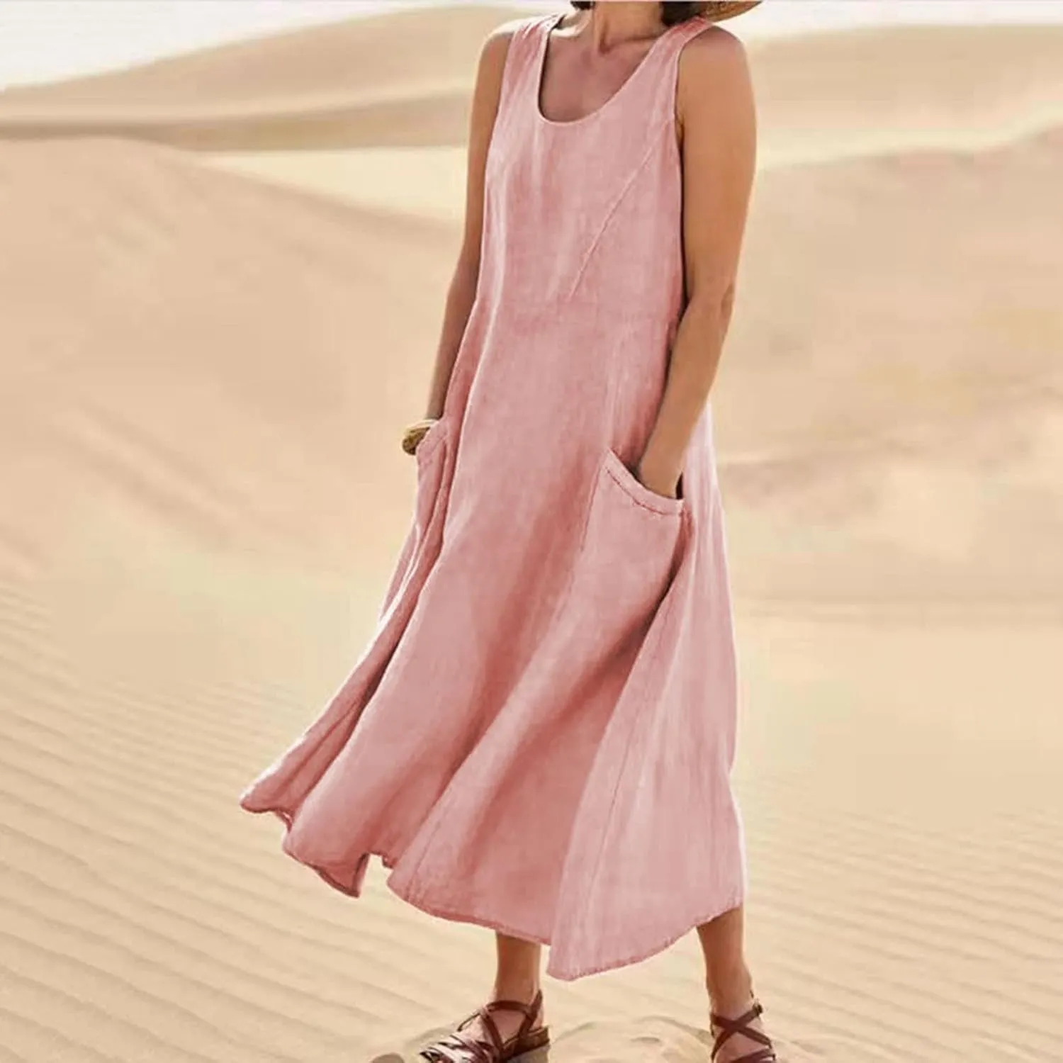 Womens Plus Size Summer Sleeveless Cotten Linen Tank Dress Loose Flowy Midi Long Beach Dresses with Pockets