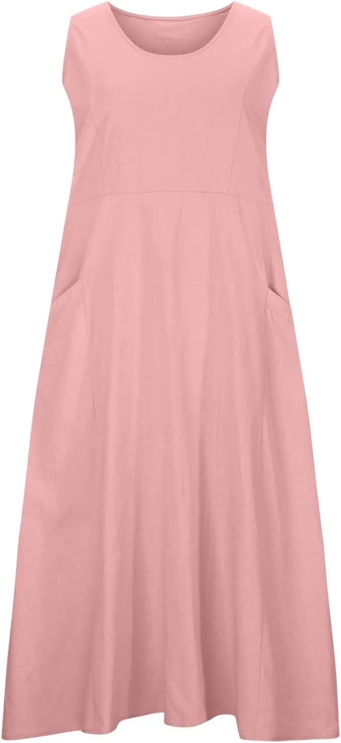 Womens Plus Size Summer Sleeveless Cotten Linen Tank Dress Loose Flowy Midi Long Beach Dresses with Pockets
