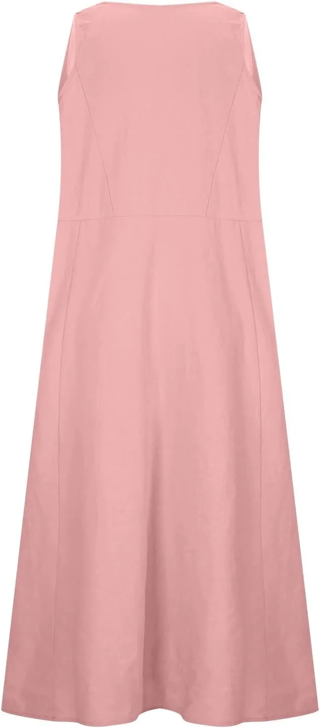 Womens Plus Size Summer Sleeveless Cotten Linen Tank Dress Loose Flowy Midi Long Beach Dresses with Pockets