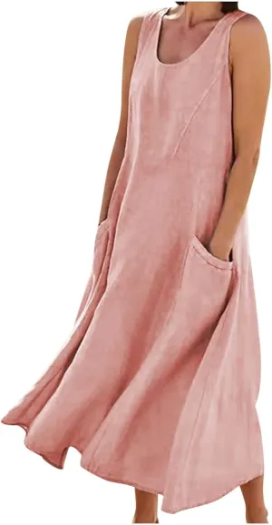 Womens Plus Size Summer Sleeveless Cotten Linen Tank Dress Loose Flowy Midi Long Beach Dresses with Pockets