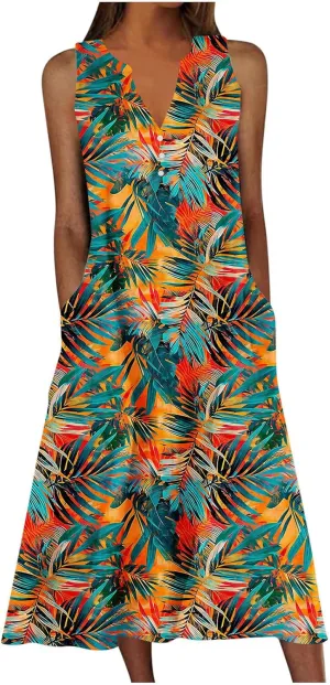 Womens Summer Dresses Boho Floral Printed Sundress Casual Button V-Neck Sleeveless Beach Vacation Midi Dress
