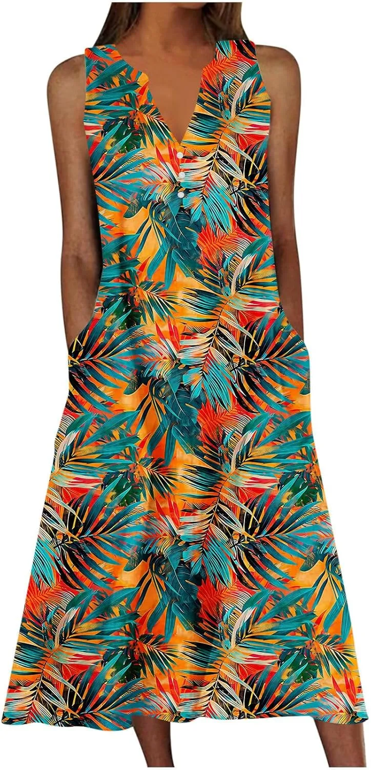 Womens Summer Dresses Boho Floral Printed Sundress Casual Button V-Neck Sleeveless Beach Vacation Midi Dress