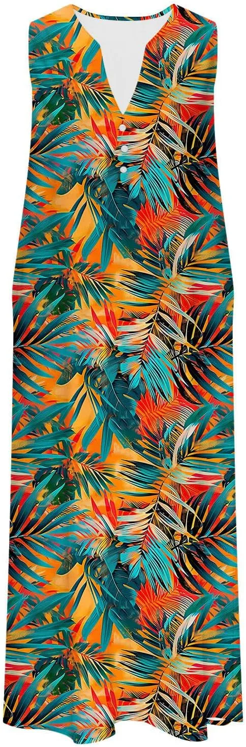 Womens Summer Dresses Boho Floral Printed Sundress Casual Button V-Neck Sleeveless Beach Vacation Midi Dress