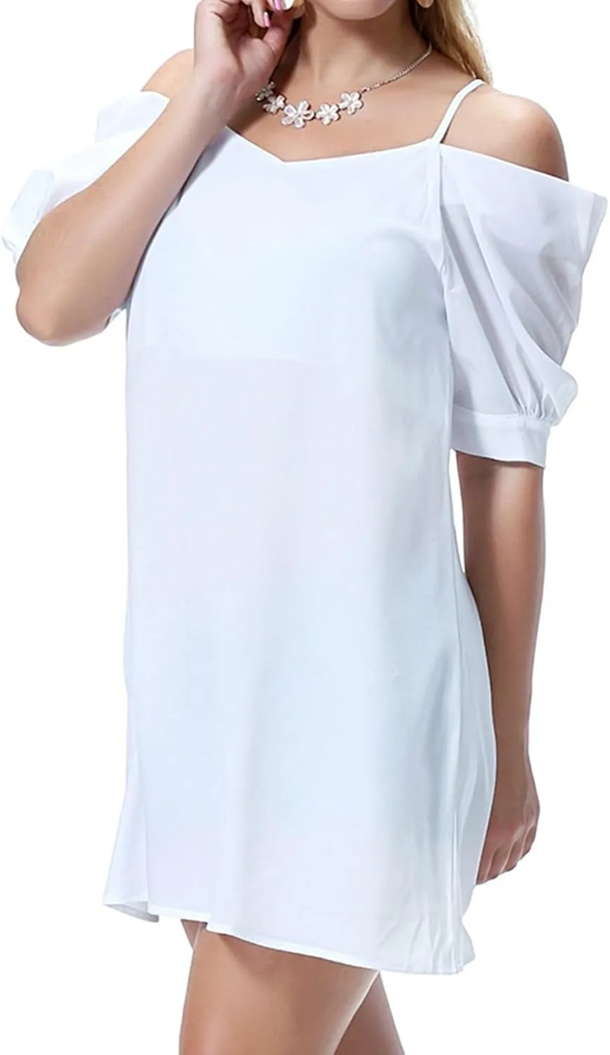 Women's Summer Dresses Trendy 2024 Casual Spaghetti Strap Sundress Dress Cold Shoulder Ruffle Sleeves Mini Beach Dresses